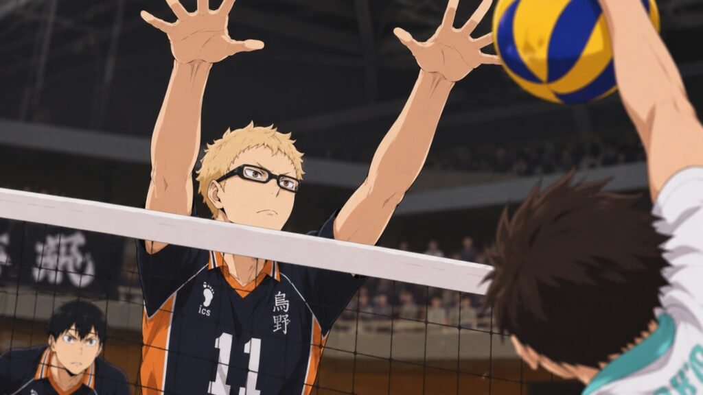 Bloqueo de Tsukishima en Haikyuu.
