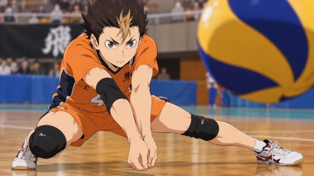 Nishinoya defendiendo en Haikyuu.