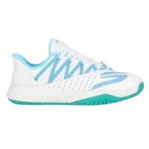 Zapatilla Skechers Viper Court Rally celeste y blanca vista lateral